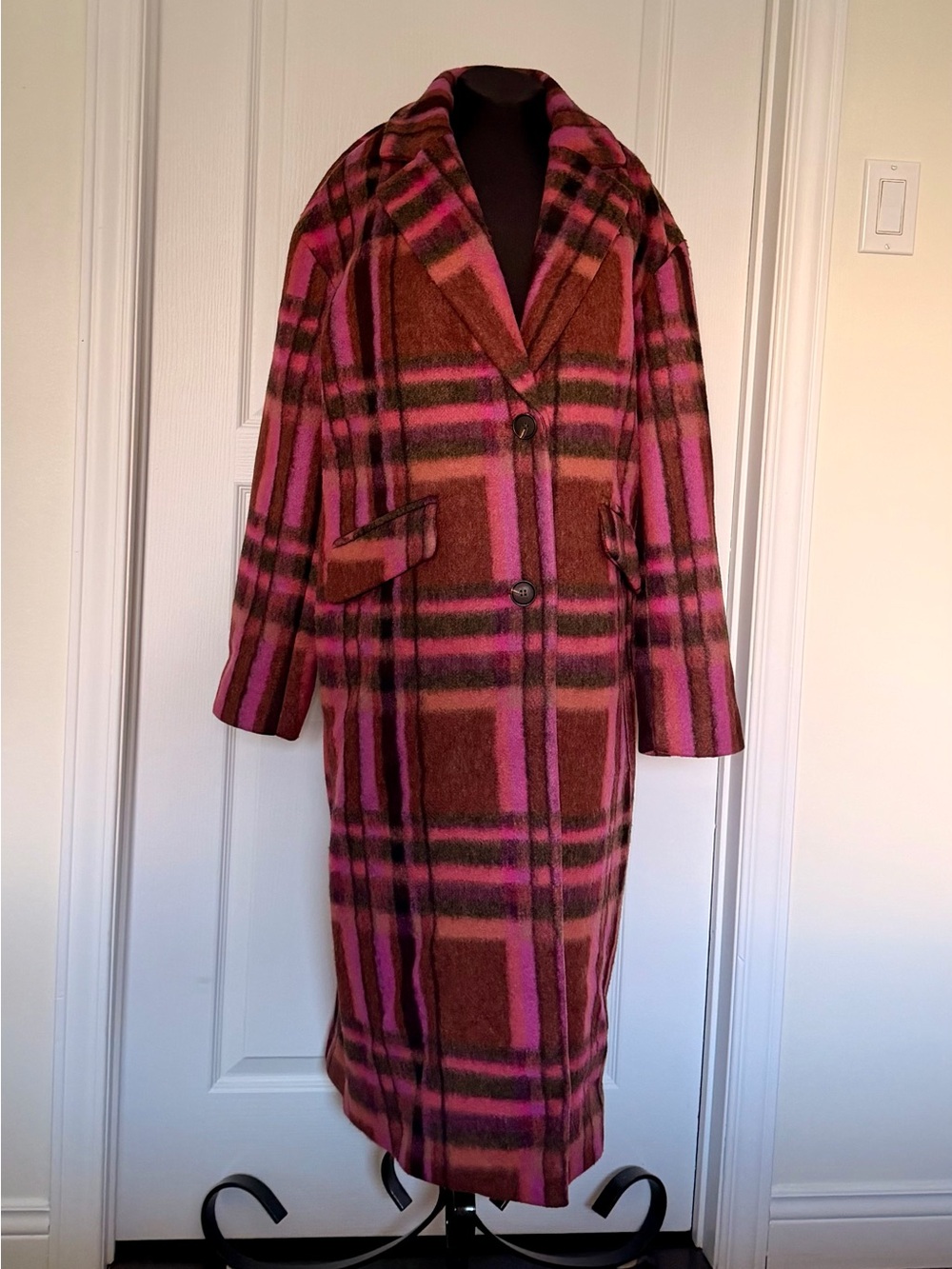 Scotch & Soda Pink and Brown Plaid Long Pea Coat